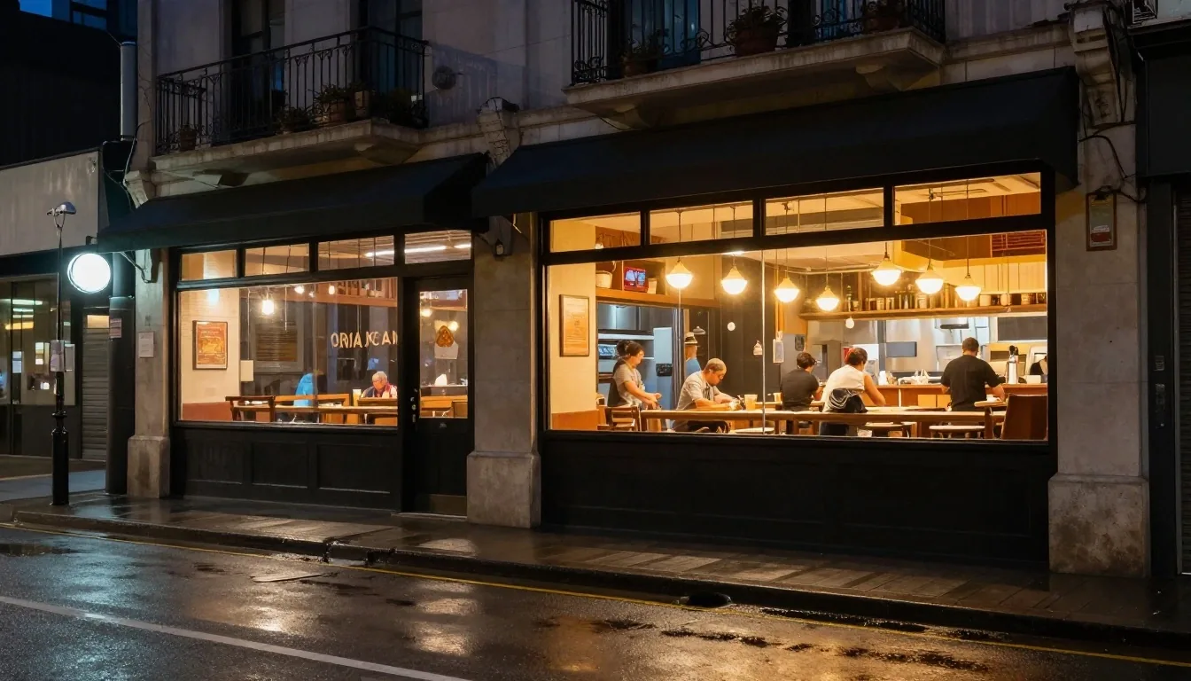 The George Street restaurant at night, warm light behind the service window
