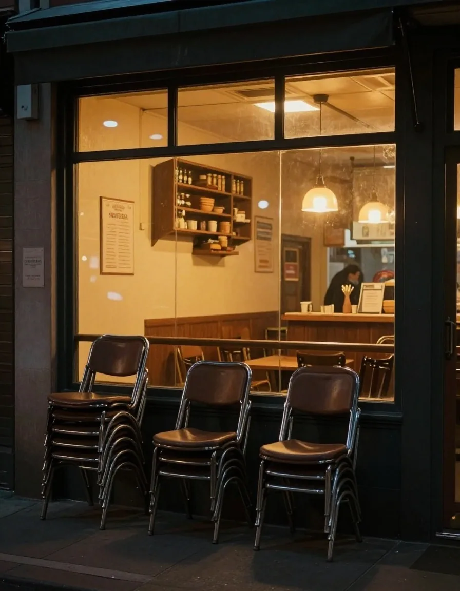 Warm light spilling from the restaurant door onto the footpath after dark