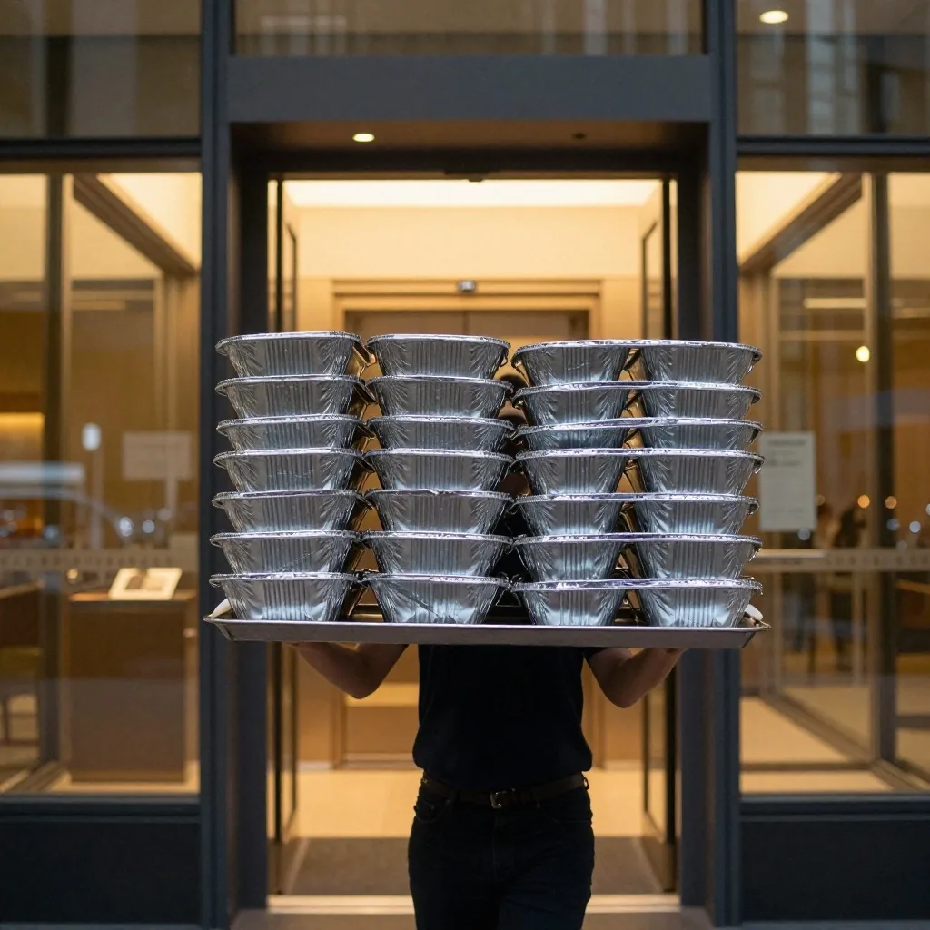 Person carrying stacked foil catering trays into a Sydney CBD office lobby at night