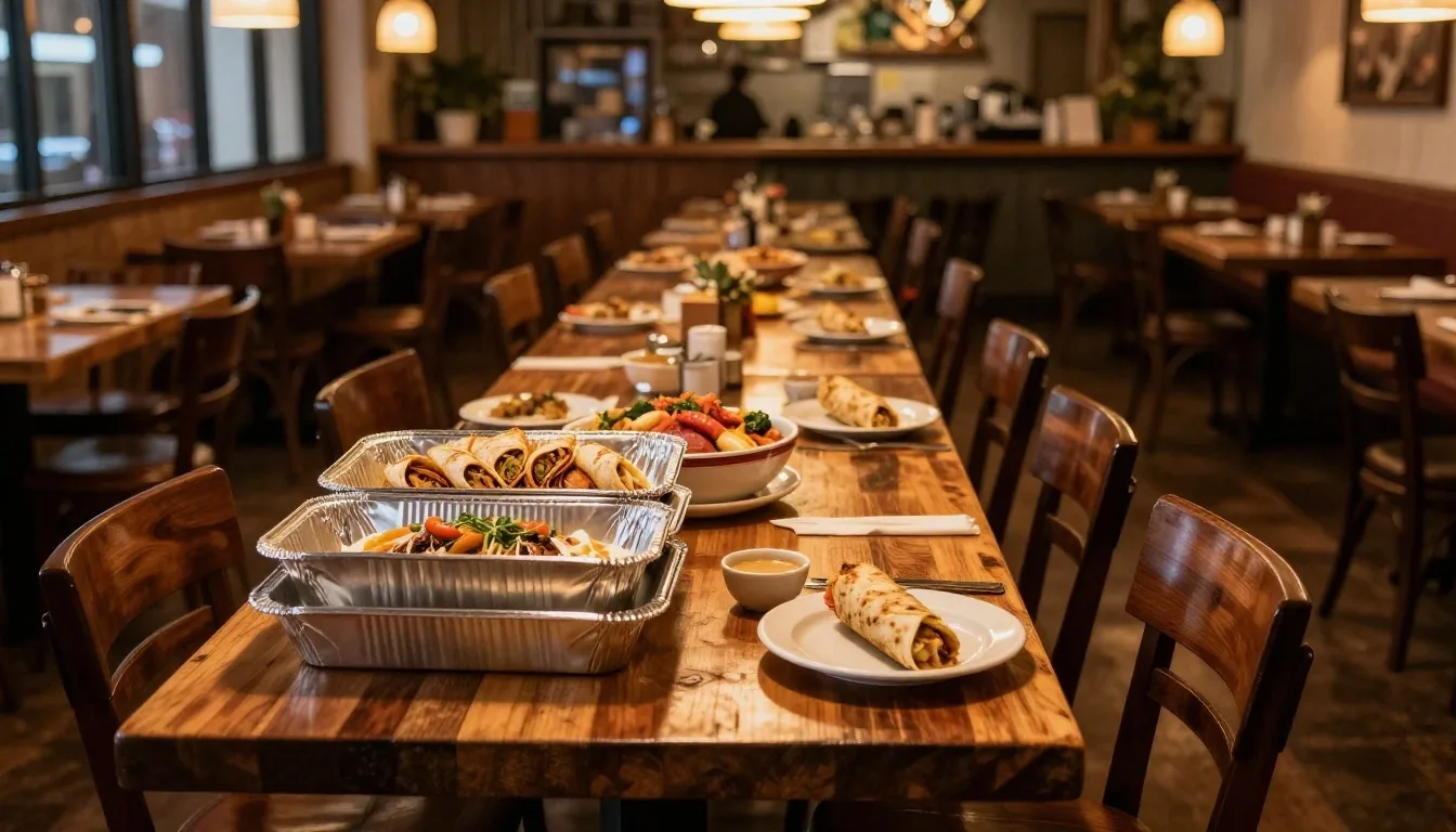 Stacked foil trays of Guzman y Gomez burritos and bowls ready for a group catering order on a steel counter