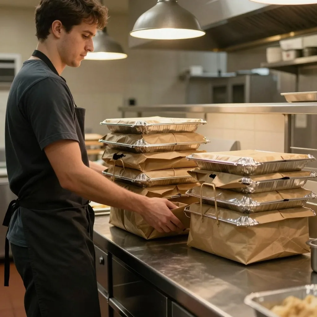 Staff member moving stacked foil trays of Guzman y Gomez catering into a kraft bag at a steel kitchen pass