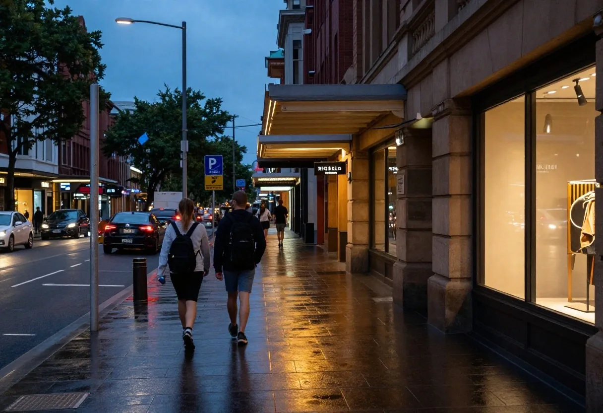 Pedestrians walking past the George Street storefront at dusk, warm light spilling onto the pavement