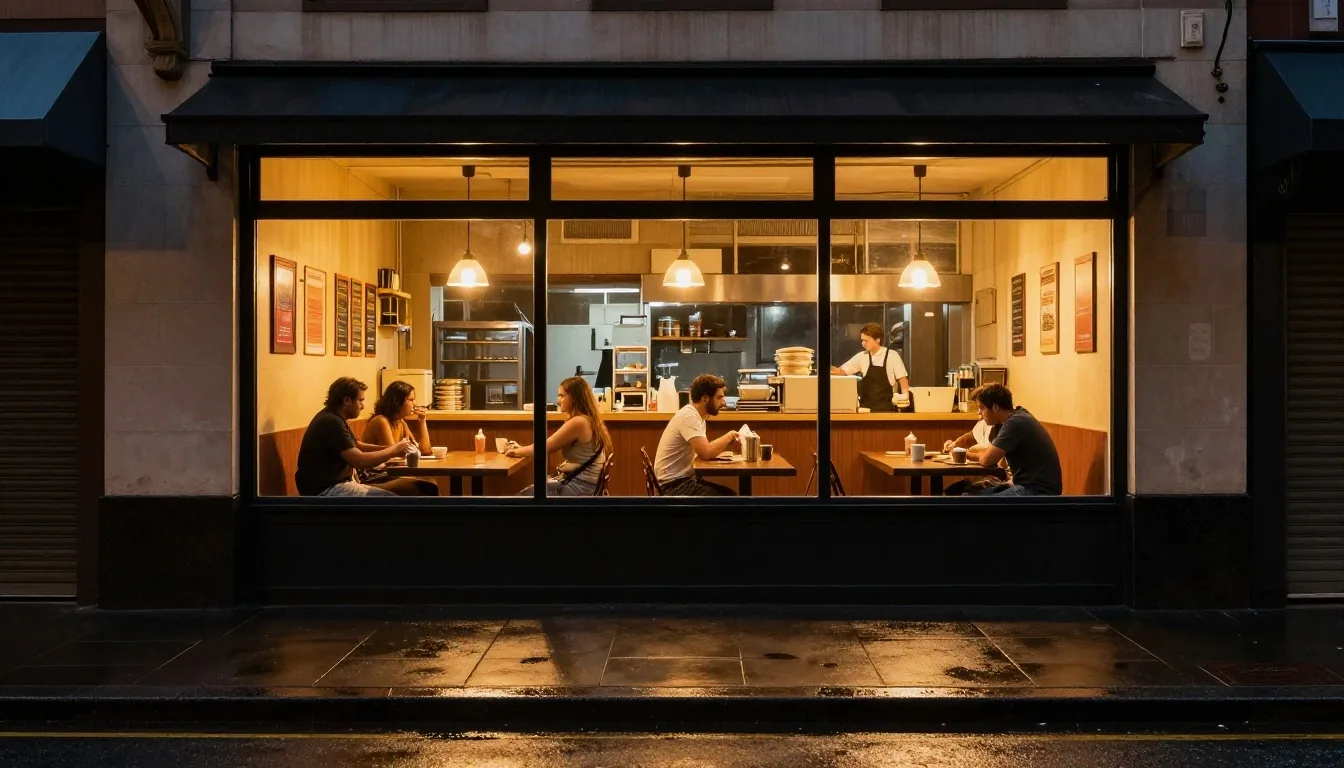 The Guzman y Gomez George Street storefront at night, wet pavement reflecting warm kitchen light