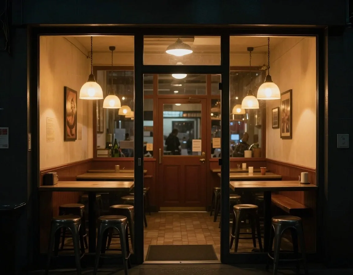 Hands holding a phone at a brushed steel table inside a warmly lit Sydney eatery at night