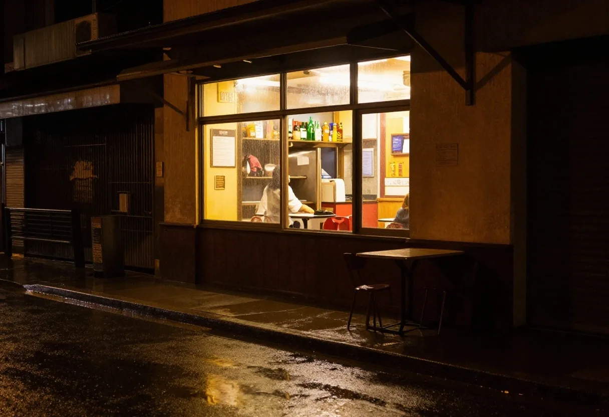 Wet Sydney street at night with warm light spilling from a restaurant service window