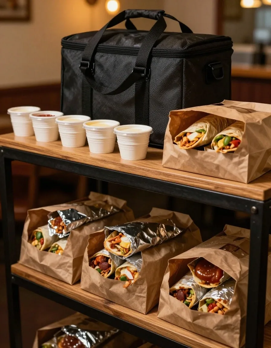 A foil-wrapped burrito opened on steel beside an insulated delivery bag and separated drinks