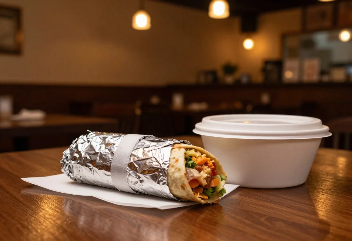 A wrapped burrito and lidded bowl ready on a brushed steel counter for pickup