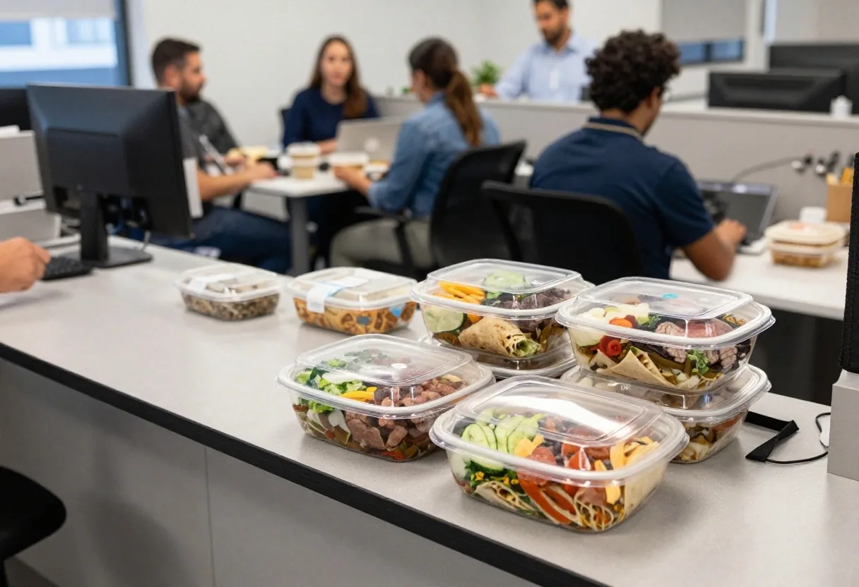 A kraft takeaway bag set on an office kitchenette counter with colleagues carrying containers behind