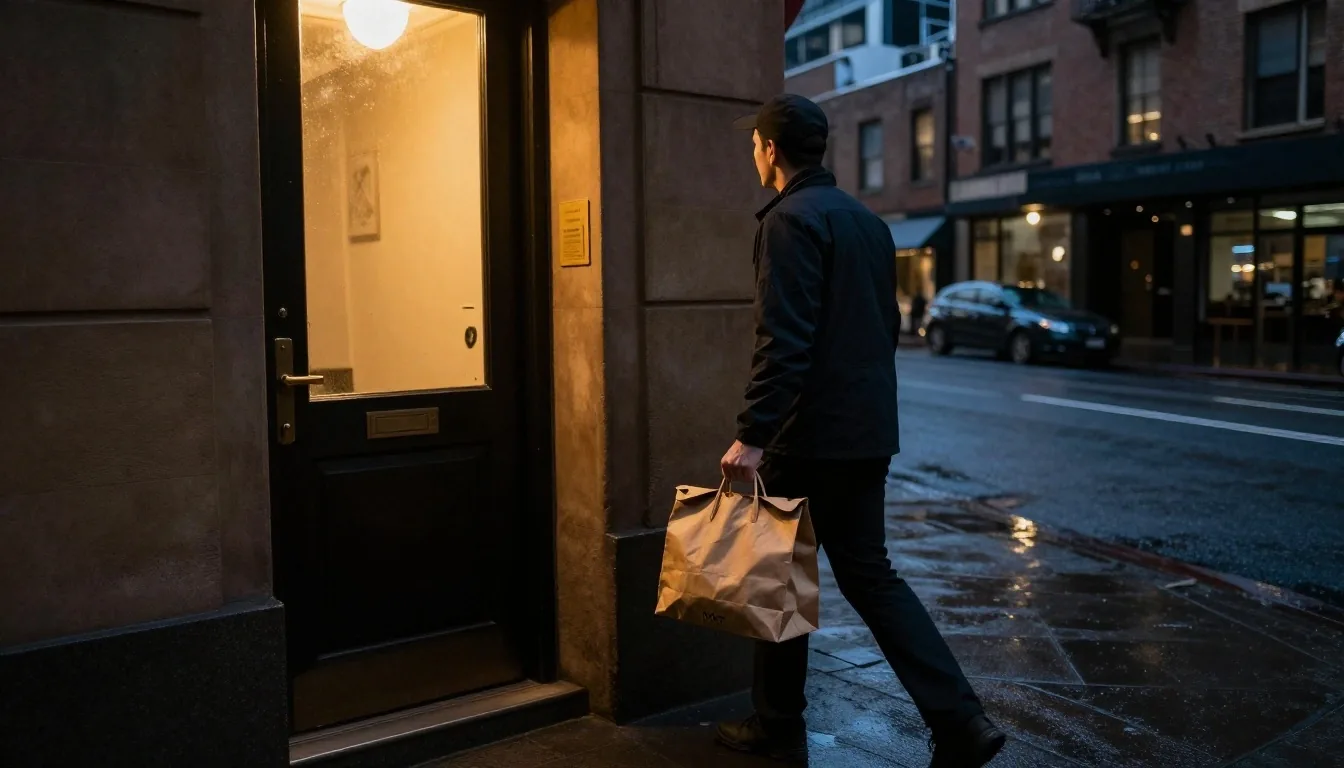 A kraft takeaway bag handed over at a lit apartment doorway on a Sydney street at night