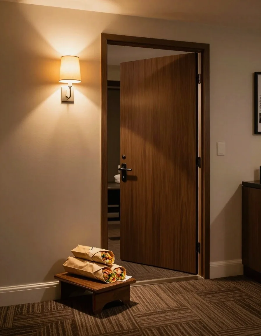 A kraft takeaway bag left on a console table inside a hotel room door at night