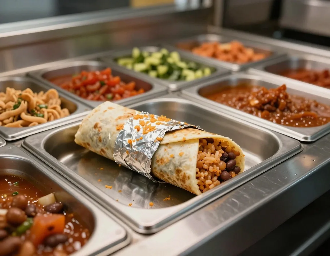 A half-opened foil-wrapped burrito on a steel counter with salsa behind it