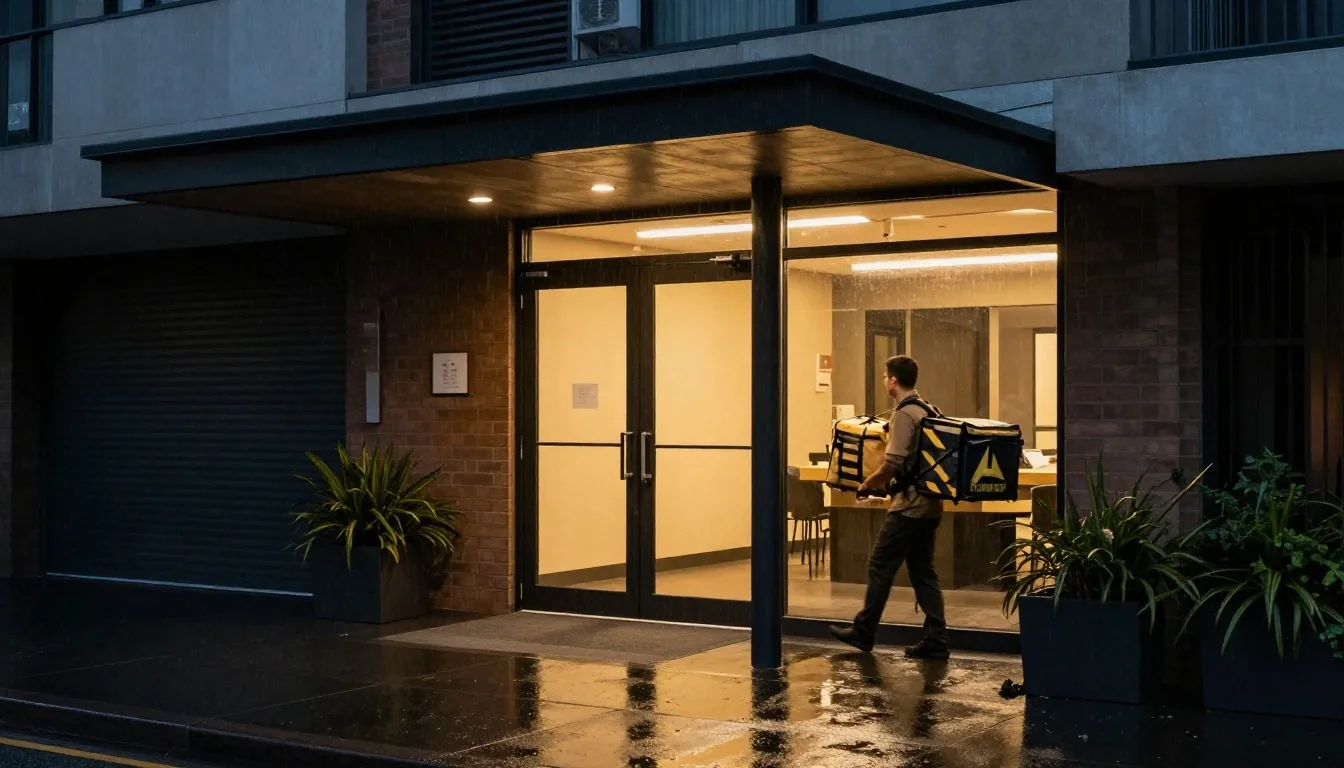 A kraft takeaway bag handed over at a lit apartment doorway at night
