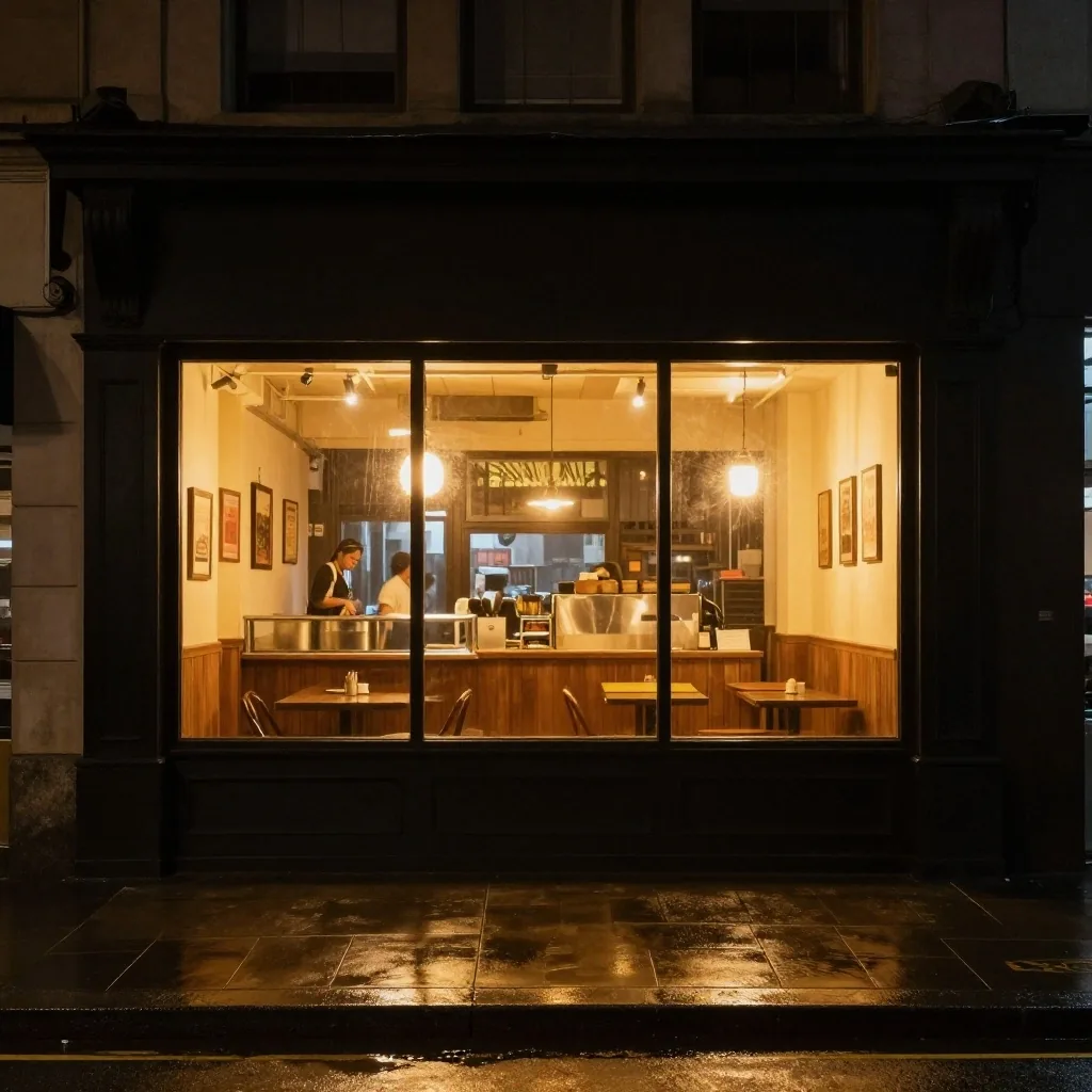 A Sydney CBD storefront at night with warm light behind the service window