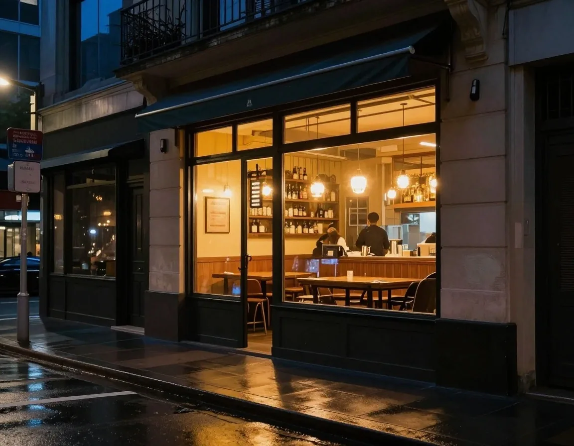 A Sydney George Street shopfront glowing at night with wet pavement