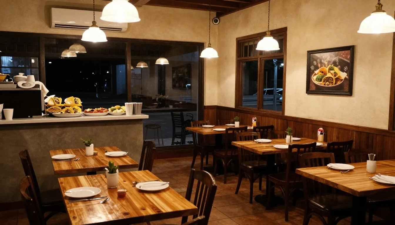 A foil-wrapped burrito opened on a brushed-steel counter under a warm lamp