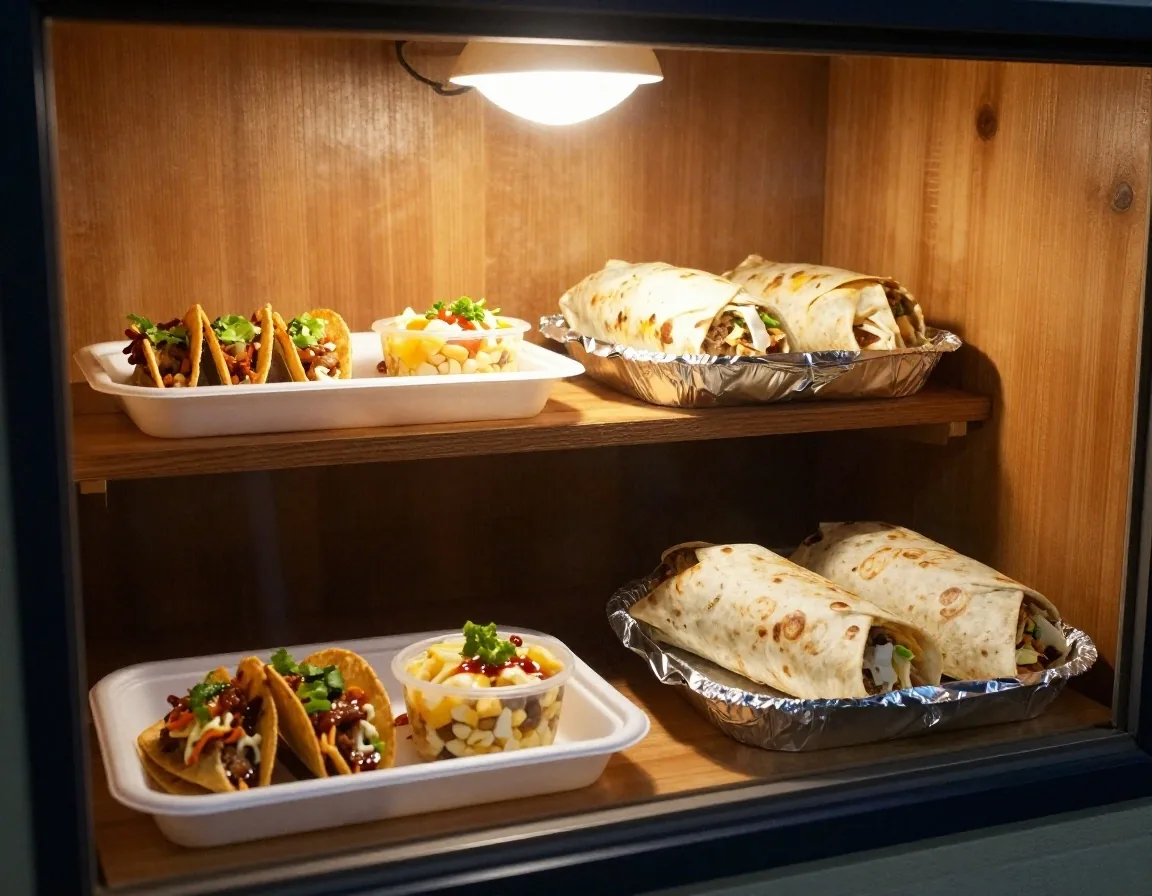 Foil trays and kraft bags set out for a group order on a steel counter