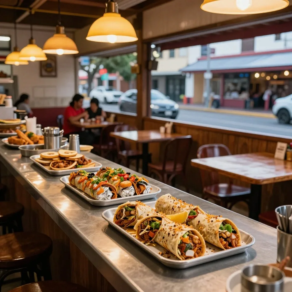 Hands folding a filled tortilla into a burrito at a steel prep counter