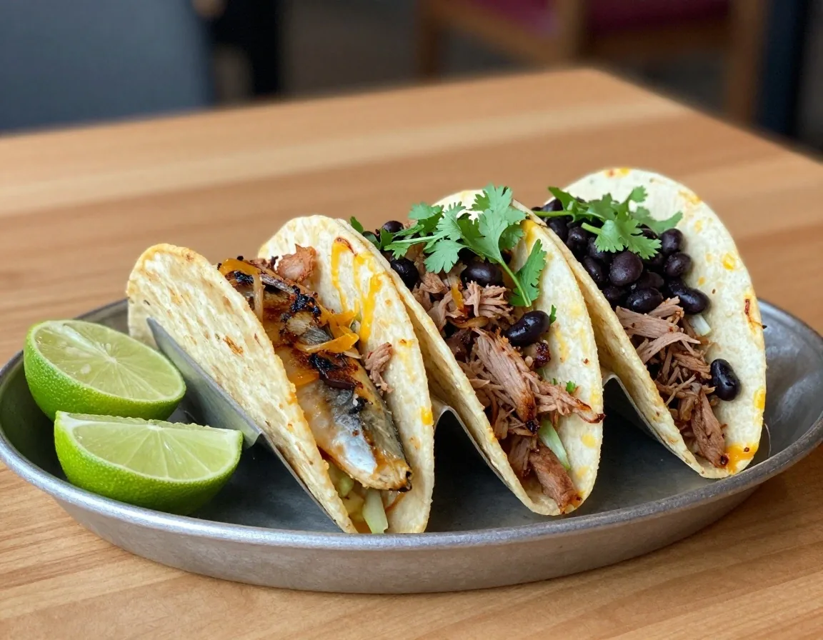 Three soft corn tacos with different fillings on a steel tray