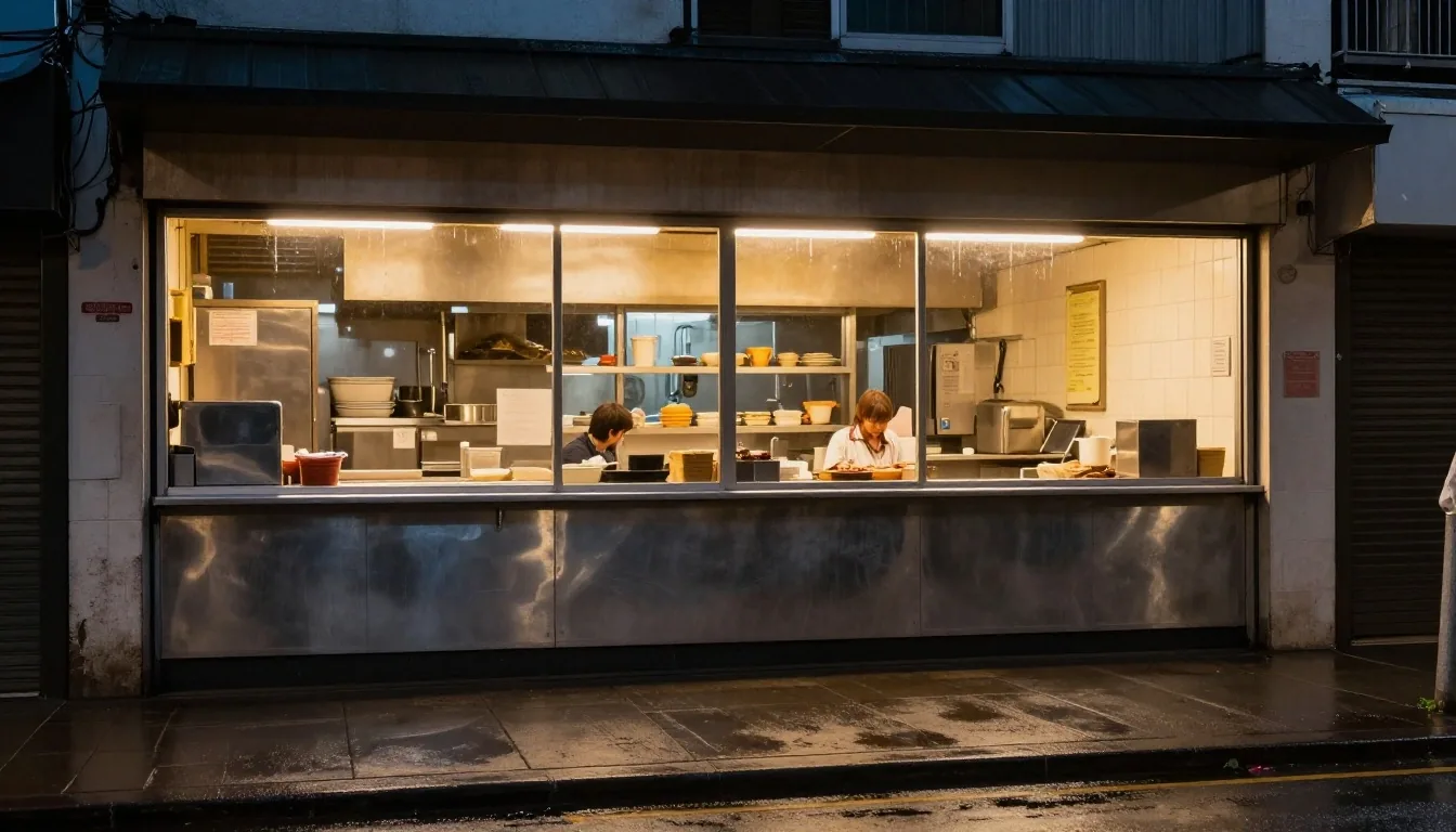 The Guzman y Gomez counter on George Street after dark, seen from the pavement