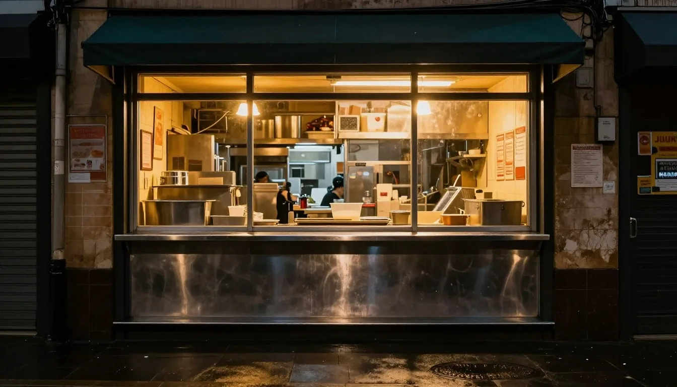 Quiet Sydney laneway at night with a lit takeaway window and a steel counter tray